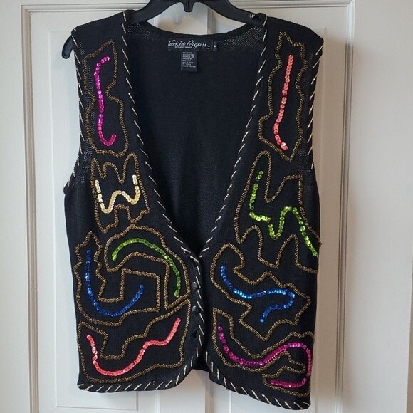 Vintage Sweaters - VINTAGE WORK IN PROGRESS UGLY SWEATER VEST BUTTON CARDIGAN SEQUIN BLACK MEDIUM